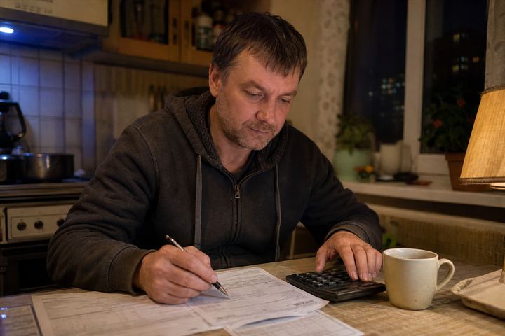 Мужчина разбирает счета дома